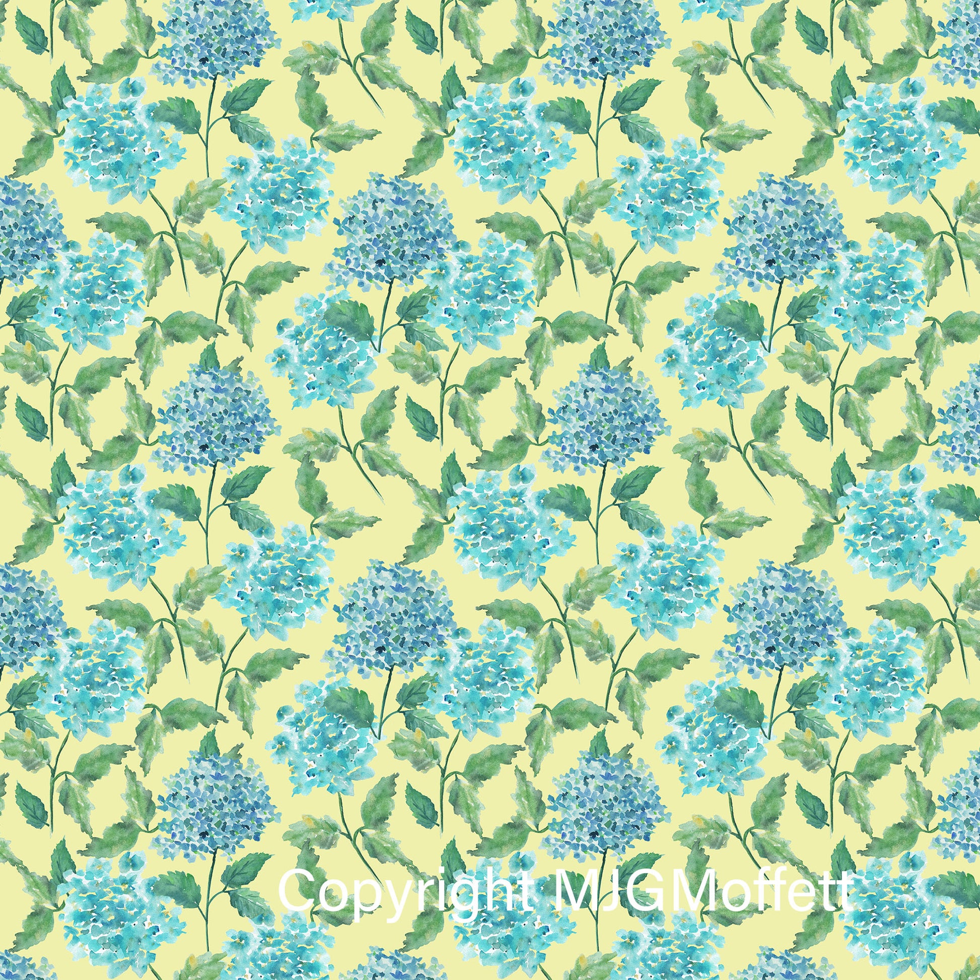 Custom designed Fabrics By Art Like That.  Blue and  hydrangea flower on yellow design. Available in 8 types of fabric, cotton silk, Silk habotai,Silk Modal, organic cotton hemp,  Cashmere Modal, Cotton Linen Canvas, Linen, wide cotton Sateen.  Can be purchased by the meter. Unique one of a kind fabrics. Perfect for all sewing needs.