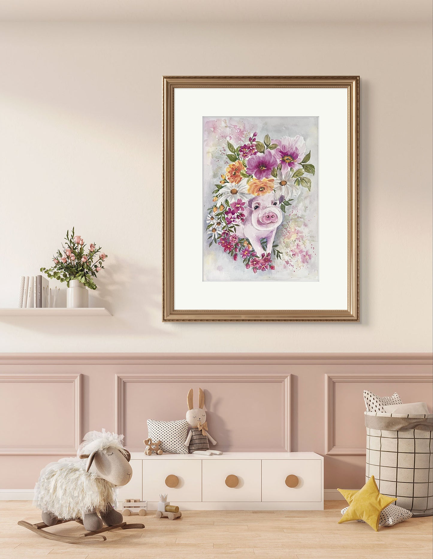 cute pink Pink painted in amongst flowers by Art Like That. Ideal for a kids  room decor or baby Nursery.