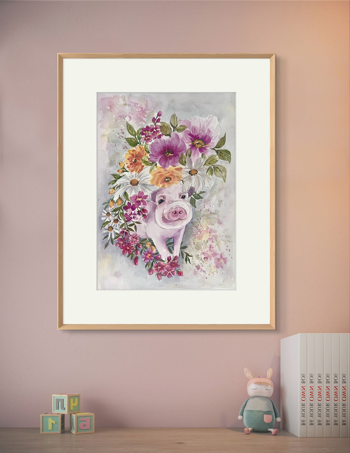 Speciality gift.  Cute Pink Pig in amongst the Flowers Original Watercolour Painting.