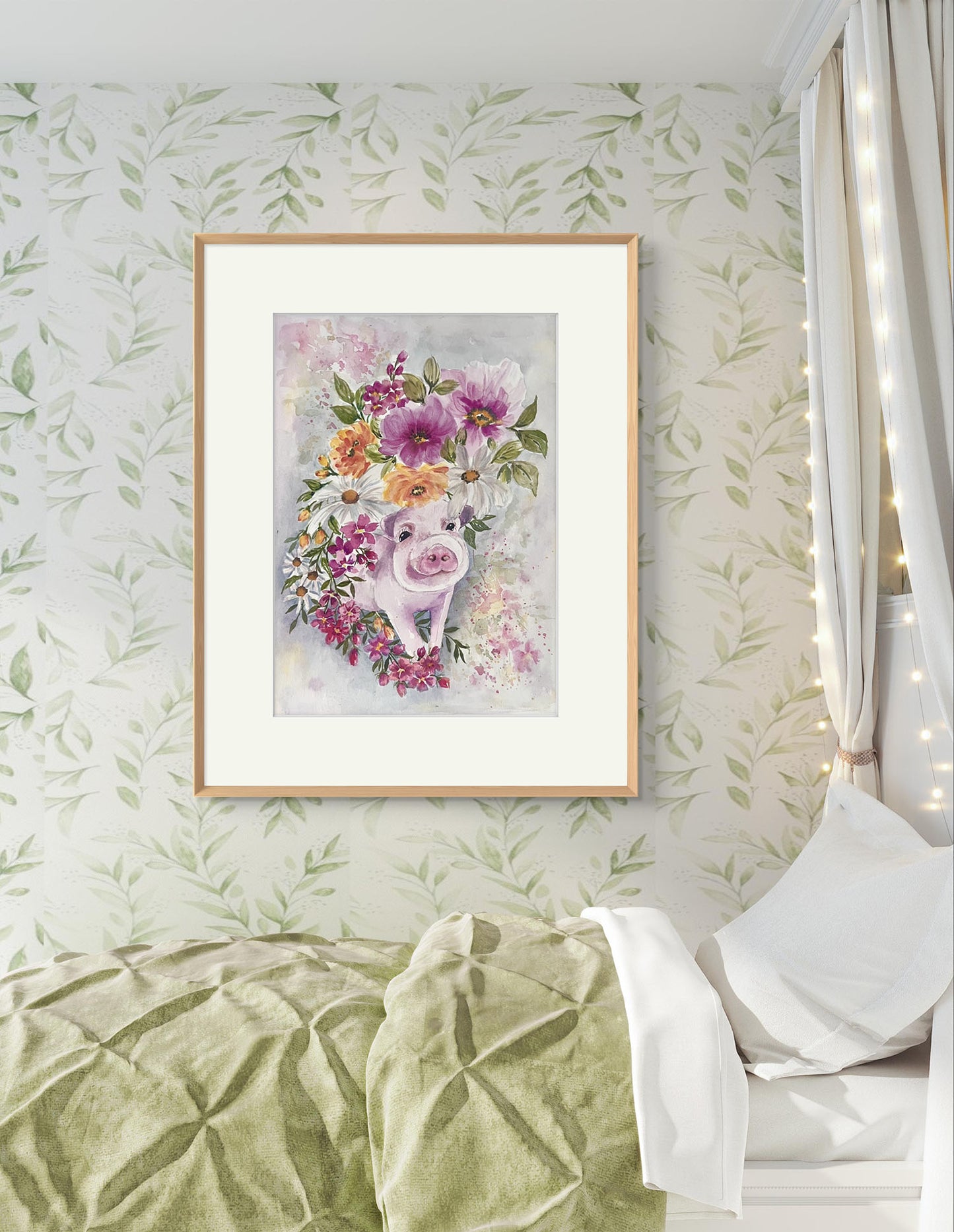 Speciality gift.  Cute Pink Pig in amongst the Flowers Original Watercolour Painting.