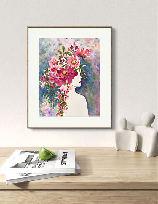 Original Portrait Floral Watercolour Art Gift.
