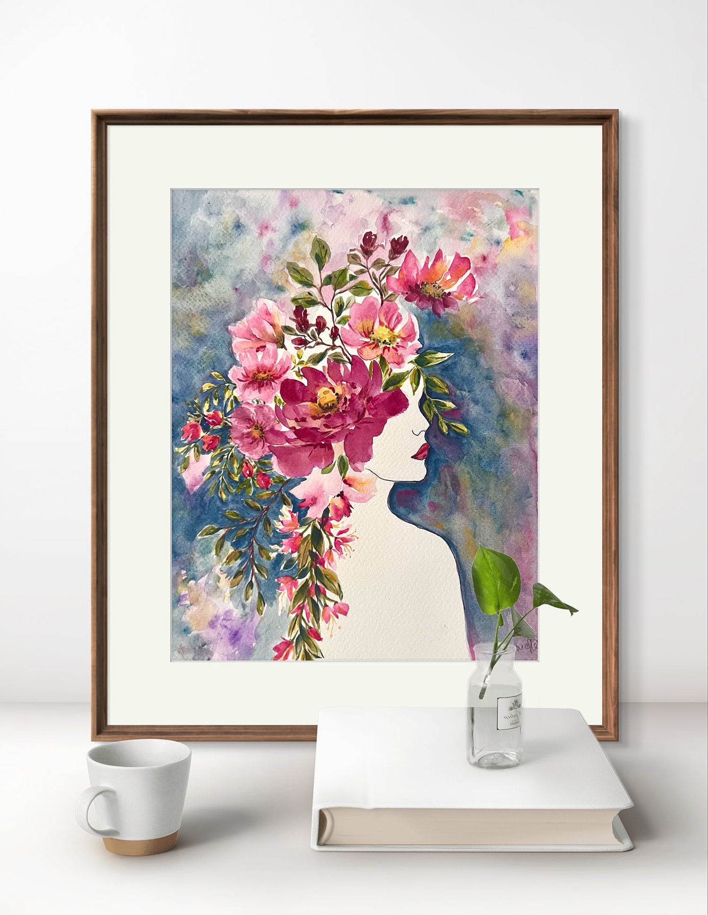 Original Portrait Floral Watercolour Art Gift.