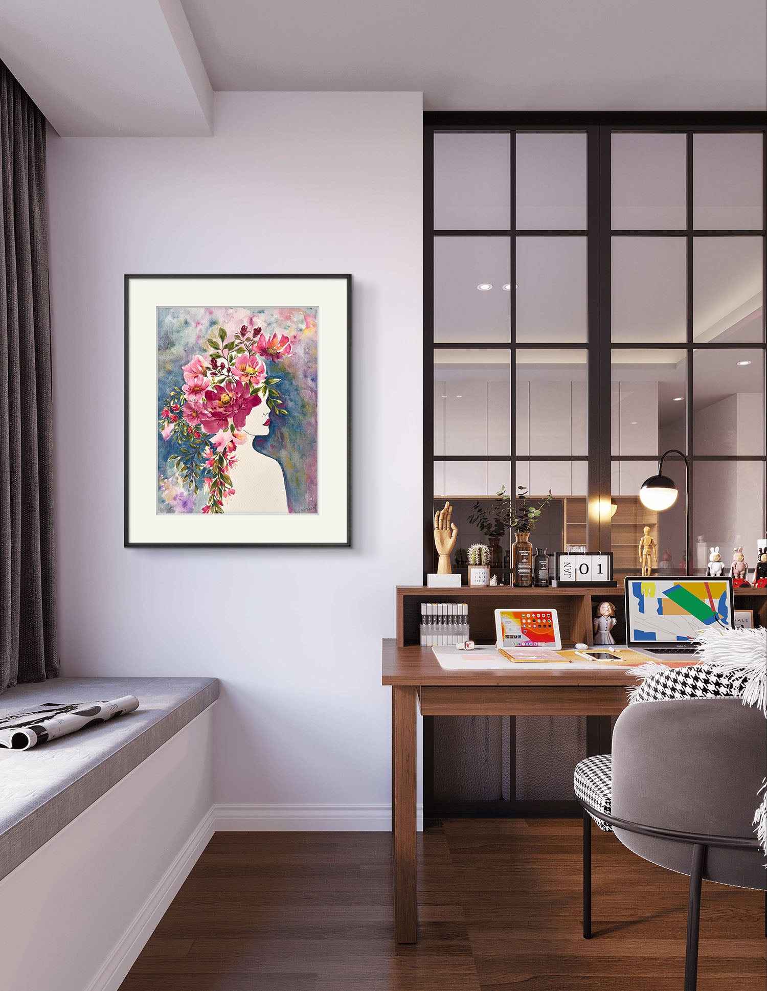 Original Portrait Floral Watercolour Art Gift.