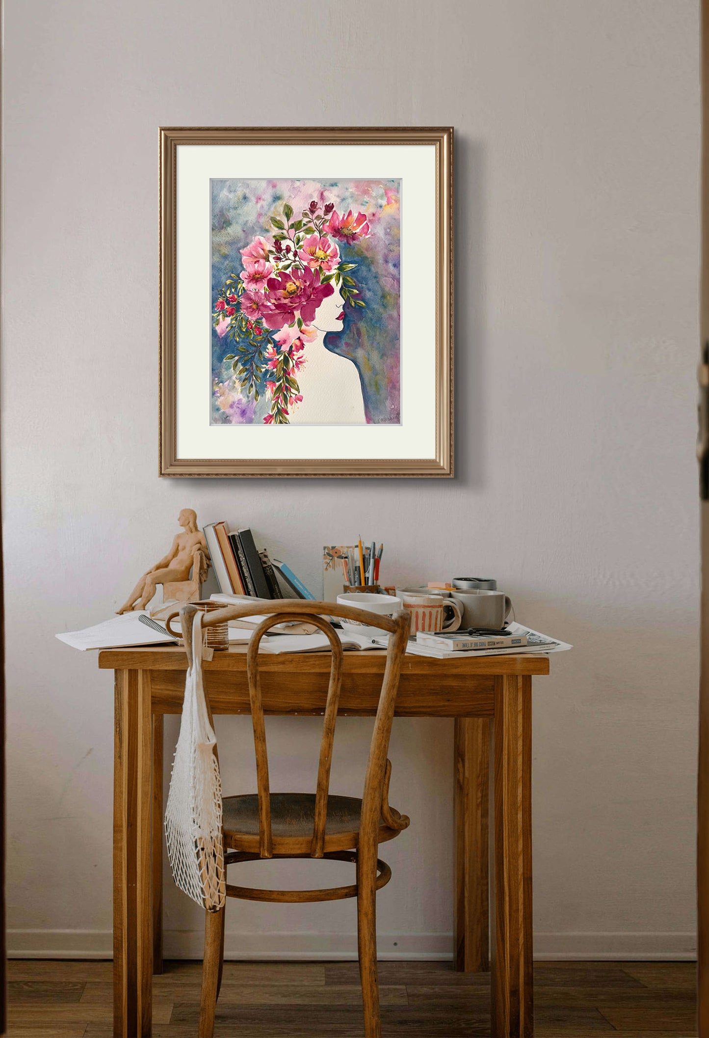 Original Portrait Floral Watercolour Art Gift.