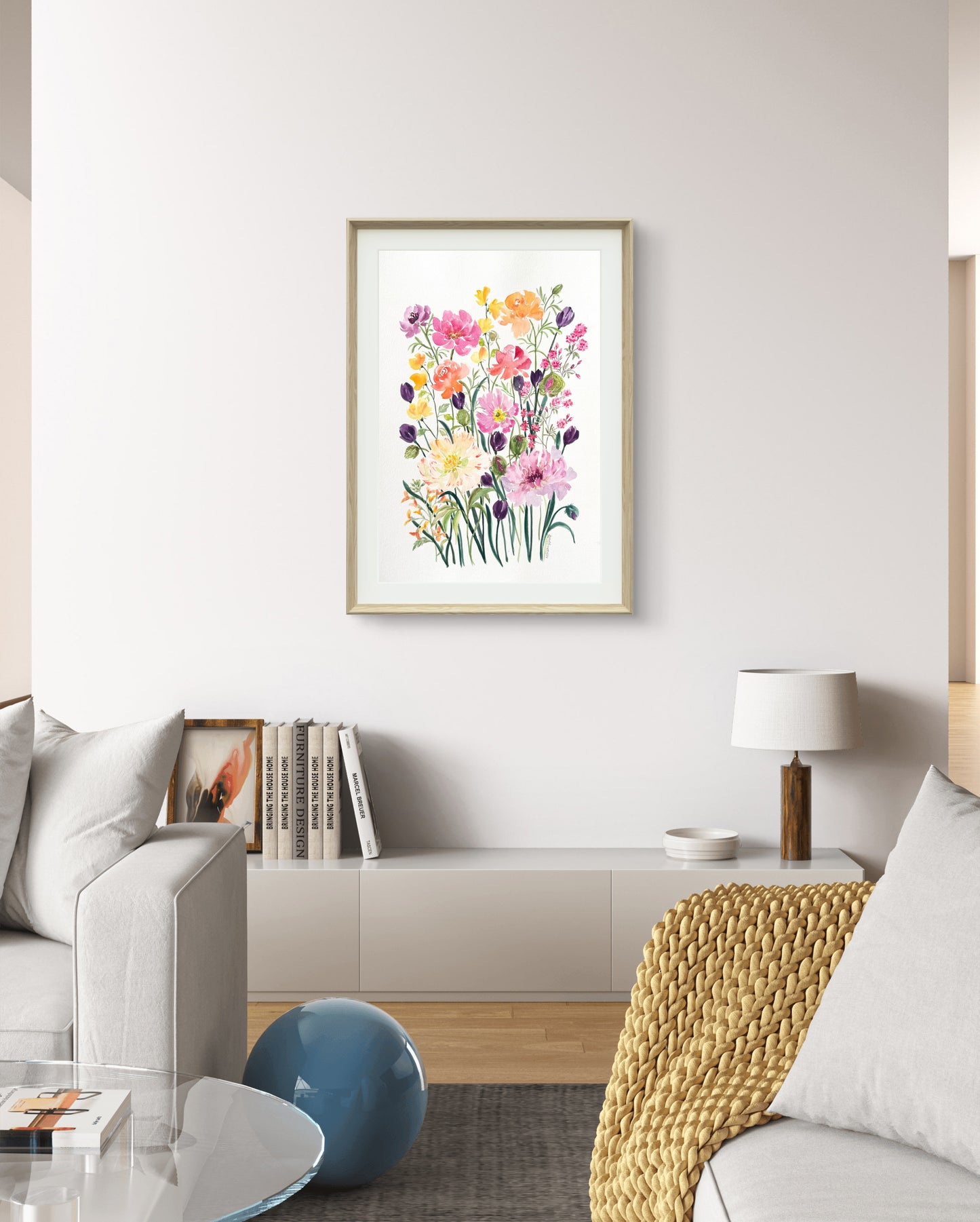 Original watercolour painting, loose  floral bouquet. 12 x 18 inches.  Pink, purple, orange and yellow, flowers on a white background. Framed  for display. Great for art collectors.
