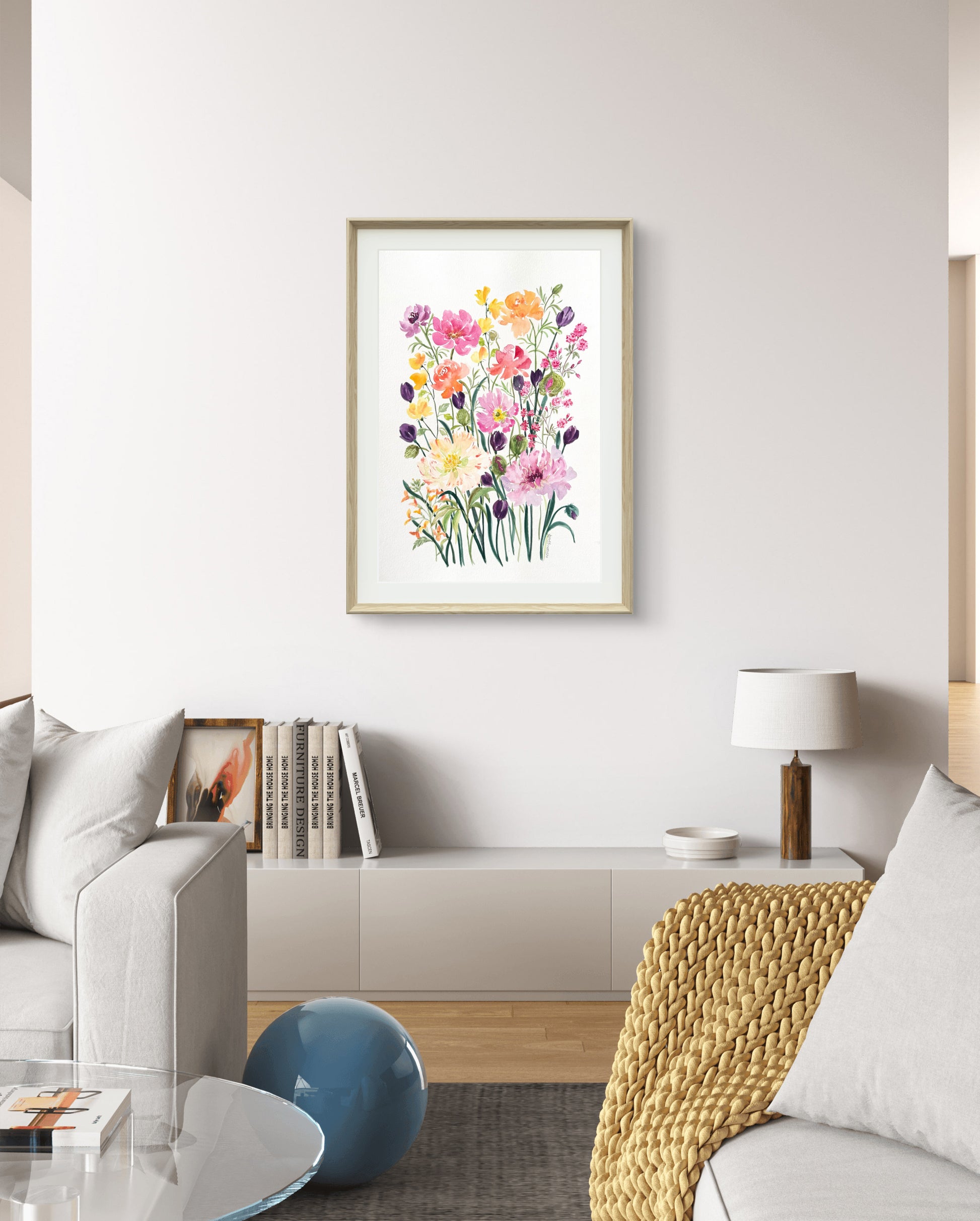 Original watercolour painting, loose  floral bouquet. 12 x 18 inches.  Pink, purple, orange and yellow, flowers on a white background. Framed  for display. Great for art collectors.