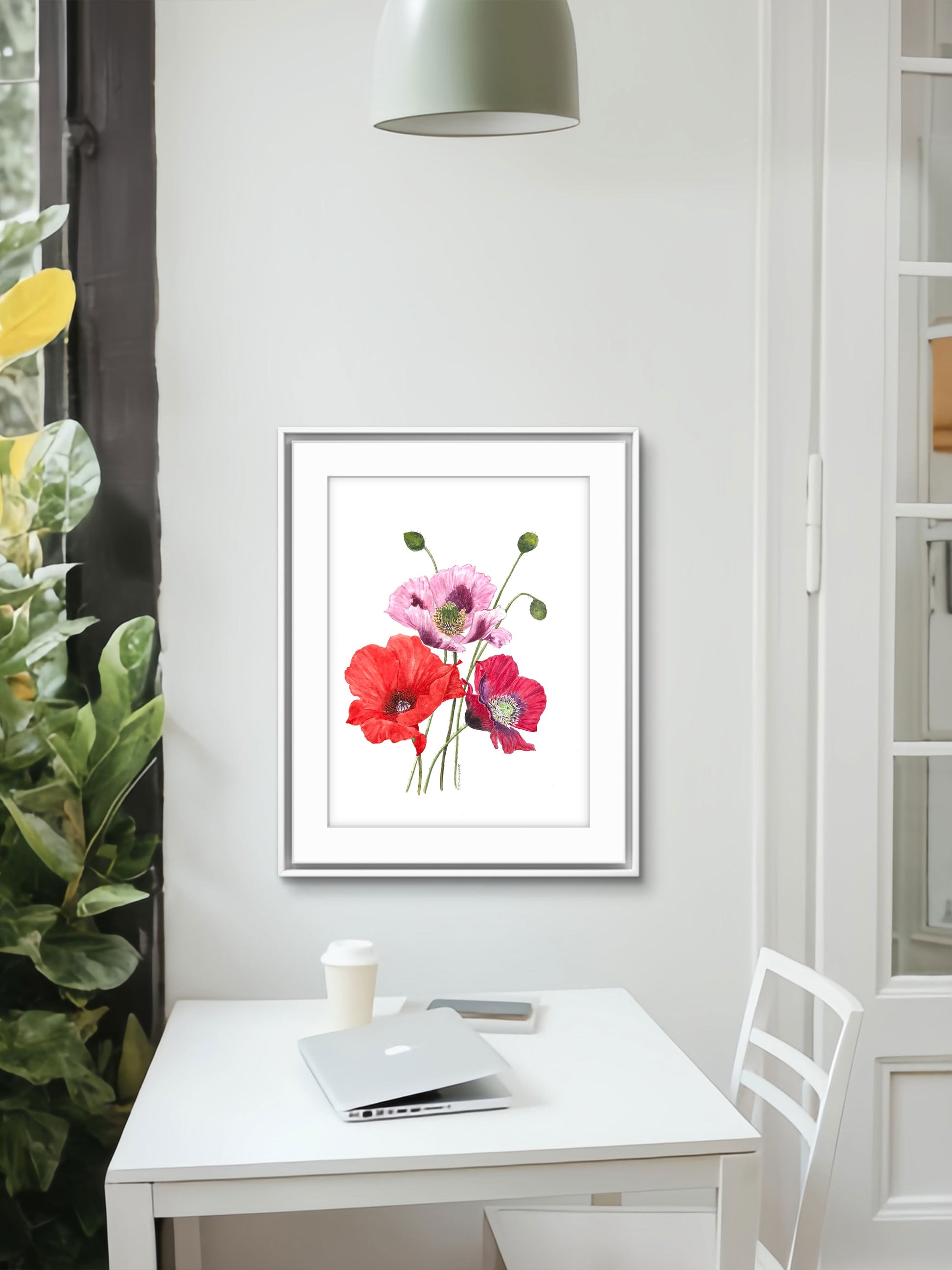Original Watercolour painting of three poppy flowers on a white back ground, title Poppy Serenade, 8 x 10. Art for sale, for art collector , home 
decorating ,wall art. Displayed in a frame.
