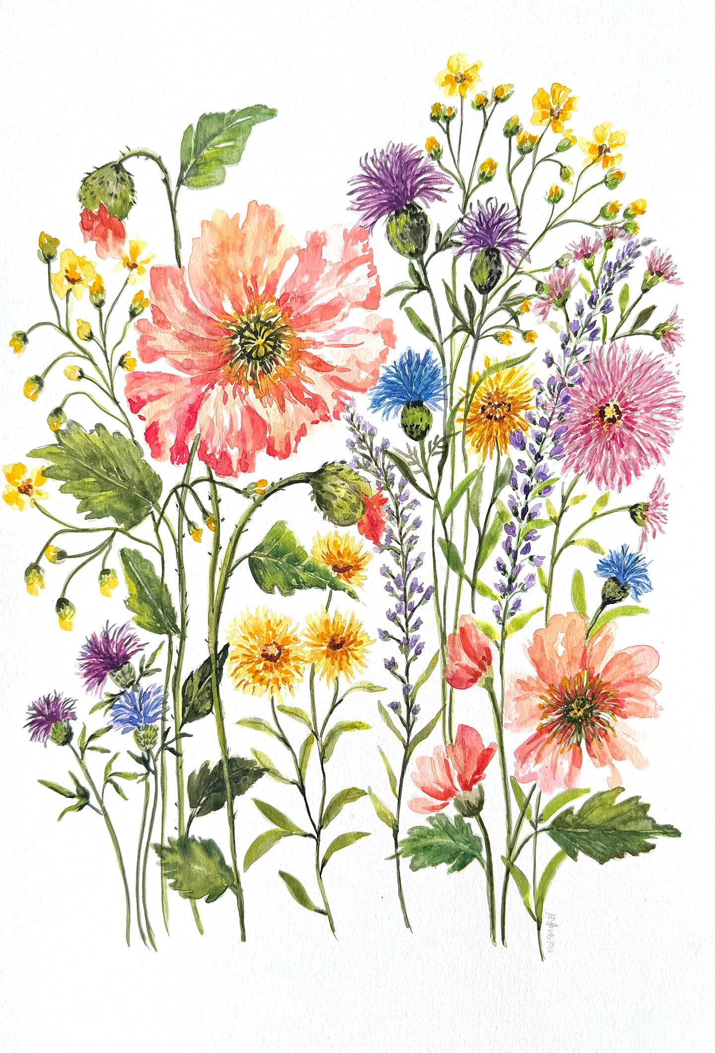 This original floral watercolour painting is hand-painted on 300gsm acid-free,  12 x 18 inches archival paper for lasting beauty in your space. The loose, impressionistic wildflower bouquet composition and vivid multi-color palette create a natural, meadow-like feel