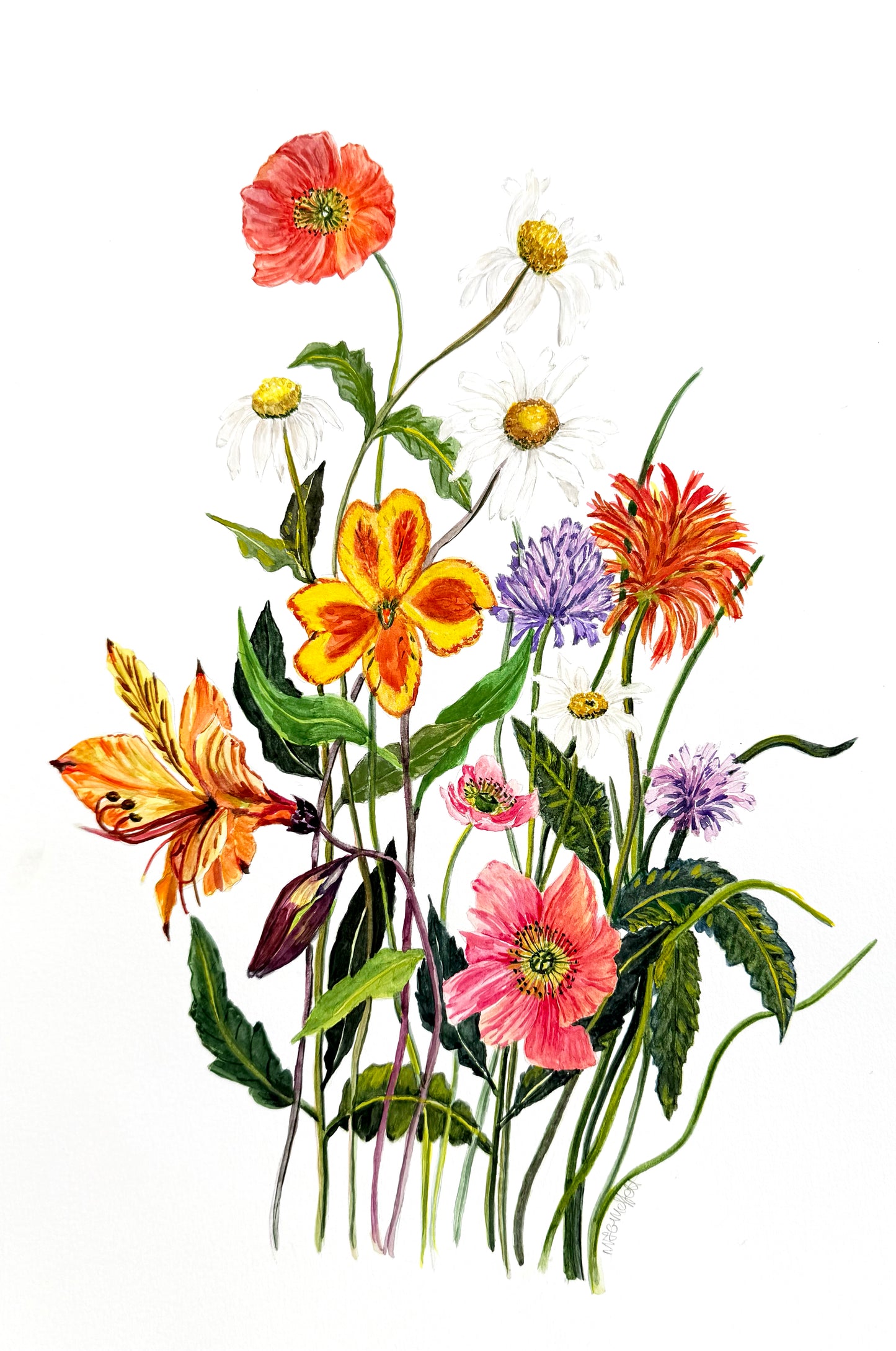An original botanical illustration of a mixed flower bouquet . 12 x 18 inches 300 gsm  archival paper. Seen on a white background, featuring orange, pink, yellow, and purple blossoms with green leaves and stems. Desirable for Art Collectors.