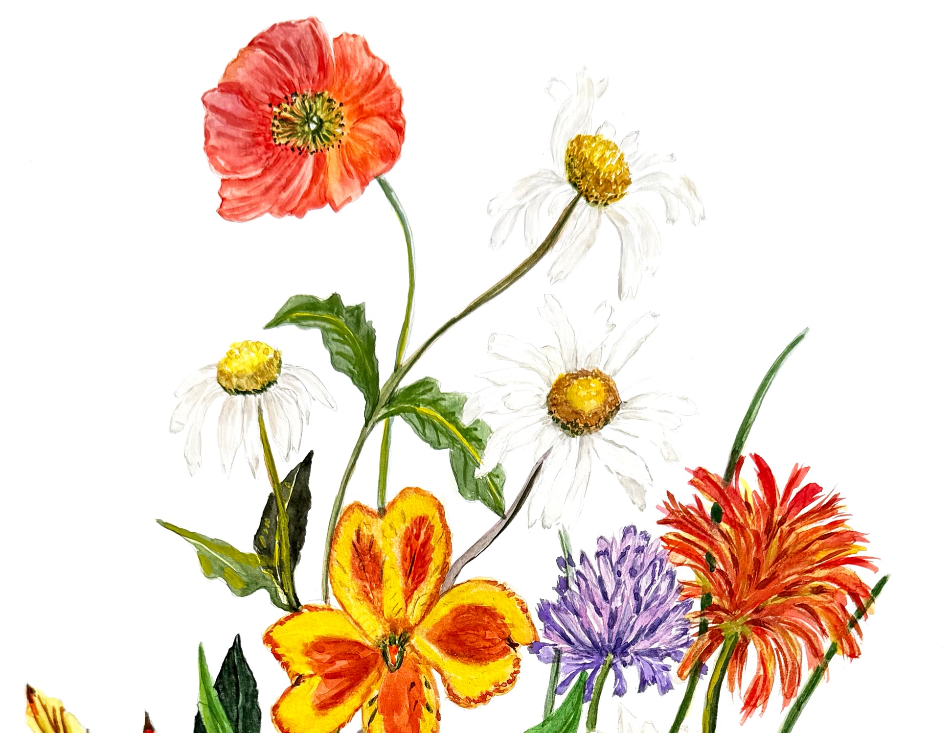 An original botanical illustration of a mixed flower bouquet . 12 x 18 inches 300 gsm  archival paper. Seen on a white background, featuring orange, pink, yellow, and purple blossoms with green leaves and stems. Desirable for art enthusiasts.
