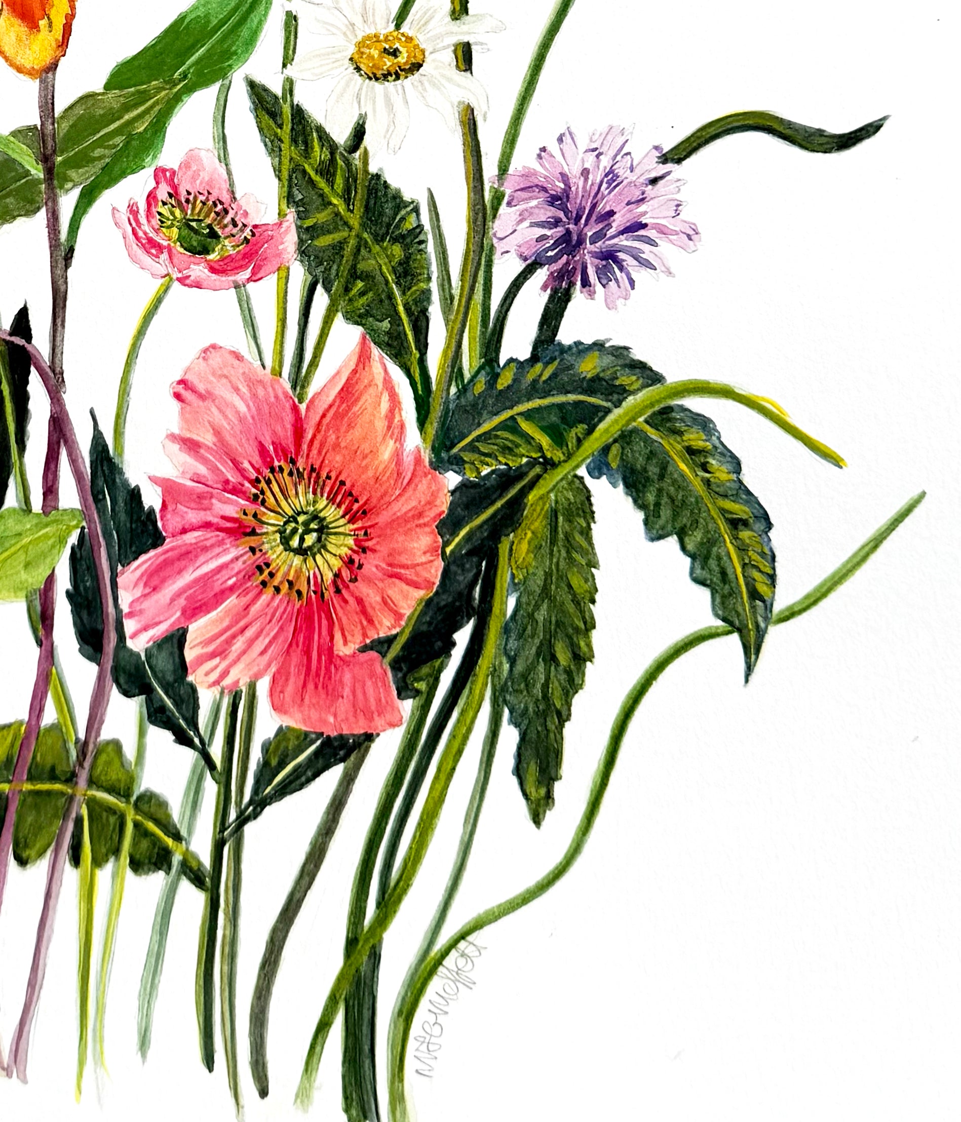 An original botanical illustration of a mixed flower bouquet . 12 x 18 inches 300 gsm  archival paper. Seen on a white background, featuring orange, pink, yellow, and purple blossoms with green leaves and stems. Desirable for  art lovers.