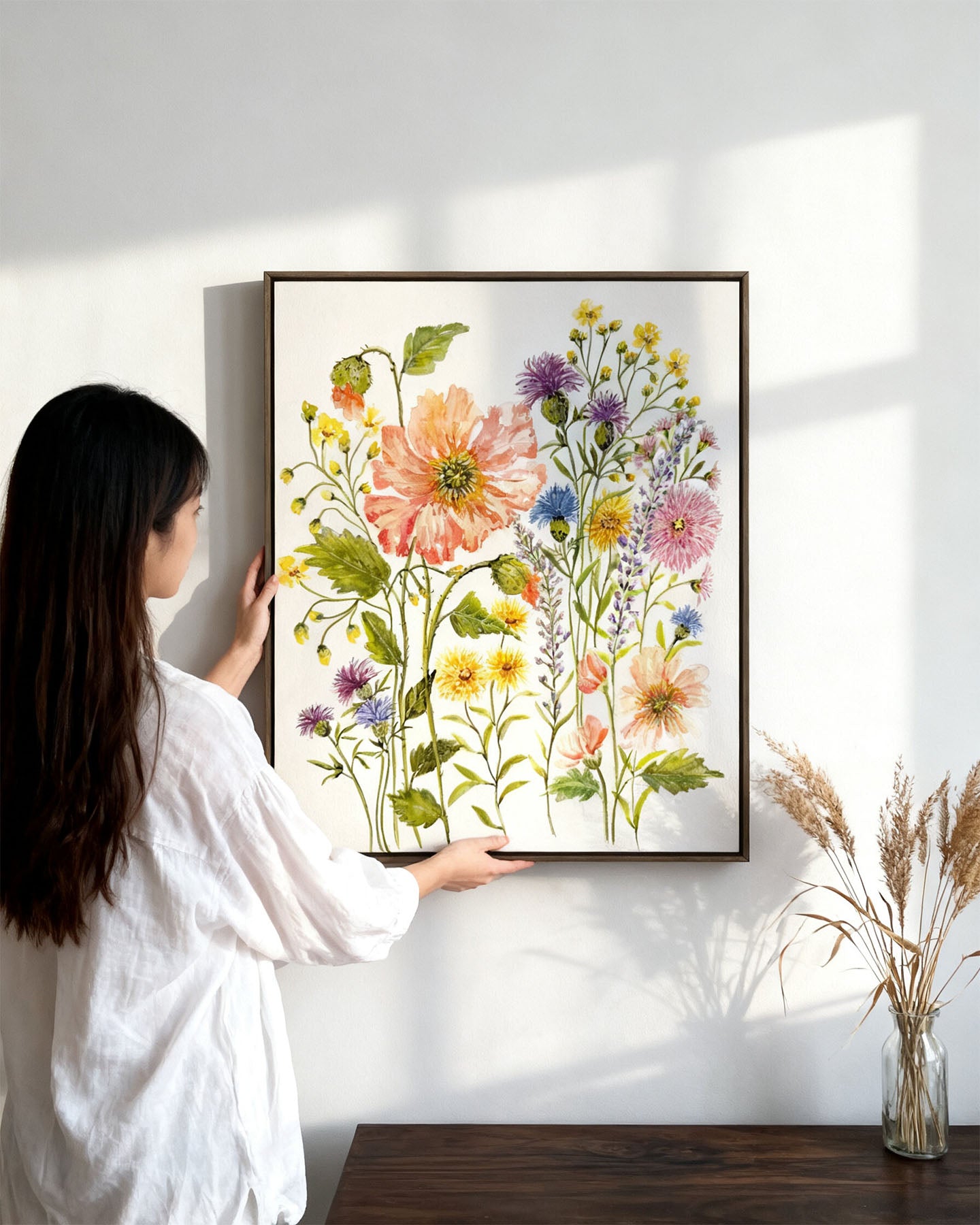 This original floral watercolour painting is hand-painted on 300gsm acid-free, archival paper for lasting beauty in your space.  size 12 x 18 inches. The loose, impressionistic wildflower bouquet composition and vivid multi-color palette create a natural, meadow-like feel. framed for display.