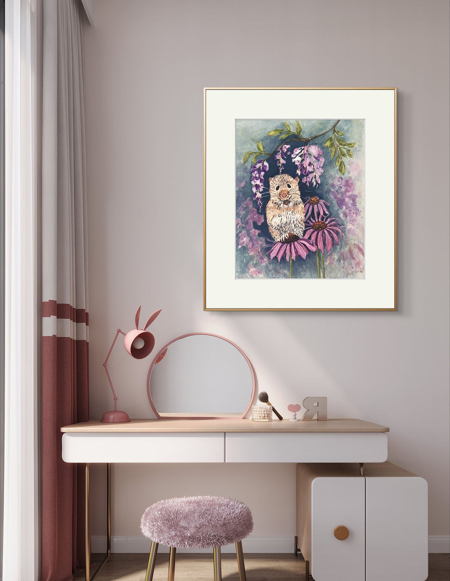 Original Watercolour Painting, Little mouse in the Flower Garden.