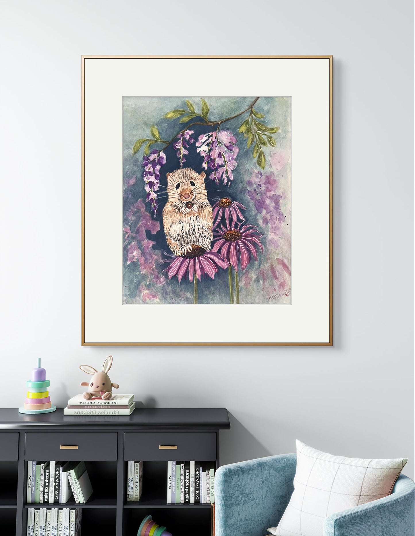 Original Watercolour Painting, Little mouse in the Flower Garden.