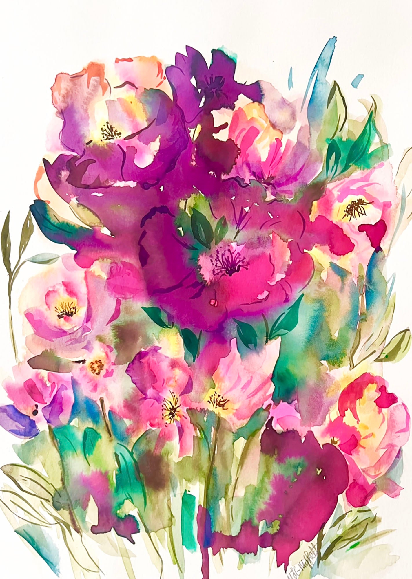 Abstract original watercolour ink Floral painting. A gift to remember.