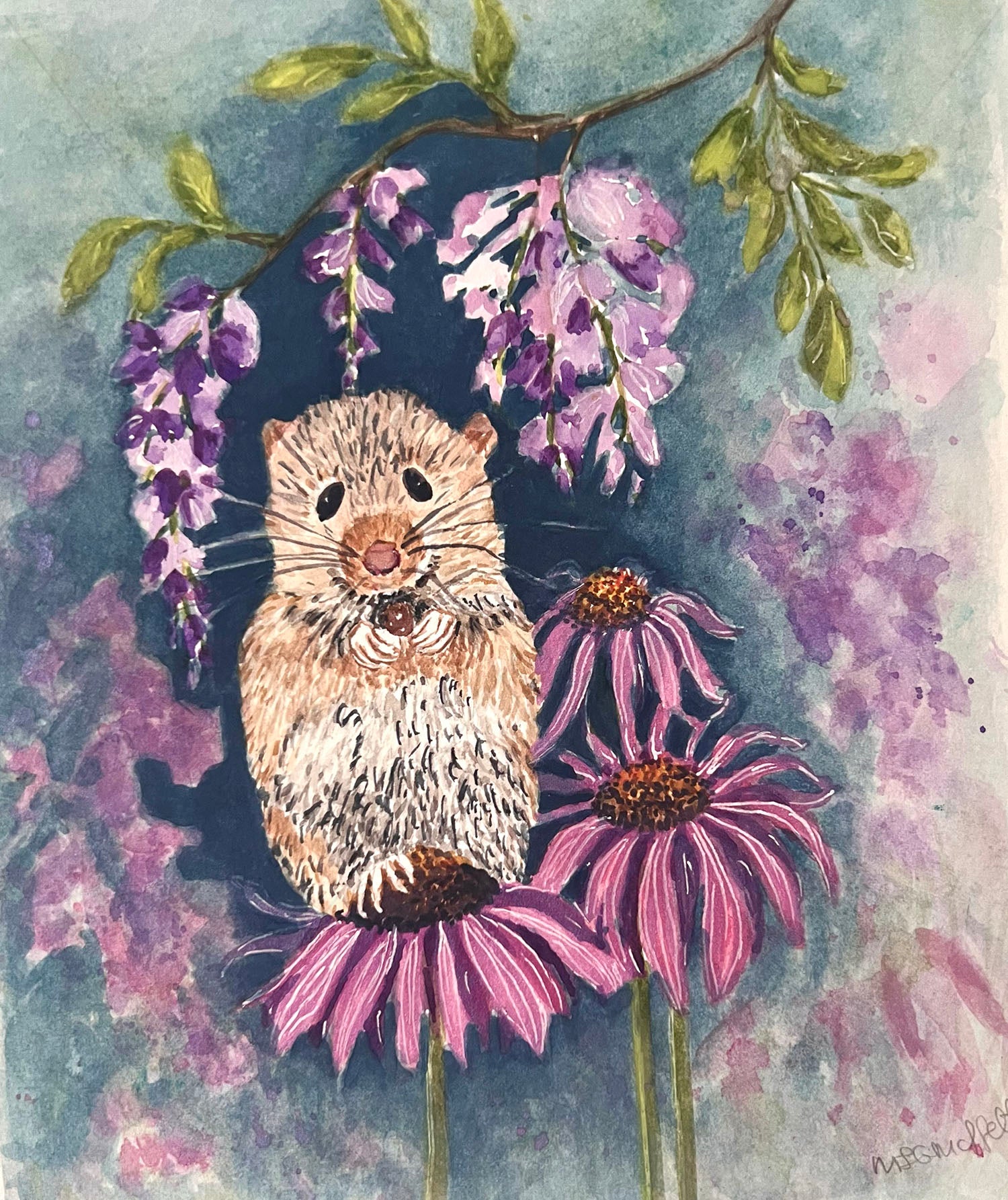 Original Watercolour Painting, Little mouse in the Flower Garden. Kids Decor Gift.