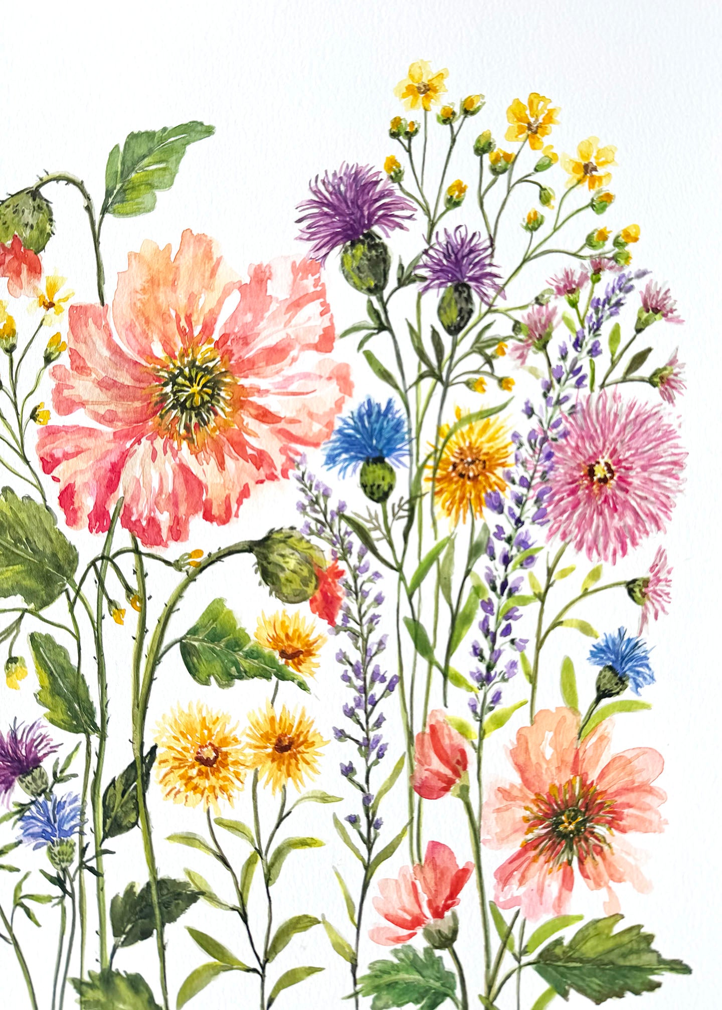This original floral watercolour painting is hand-painted on 300gsm acid-free, archival paper for lasting beauty in your space.  12 x 18 inches.The loose, impressionistic wildflower bouquet composition and vivid multi-color palette create a natural, meadow-like feel