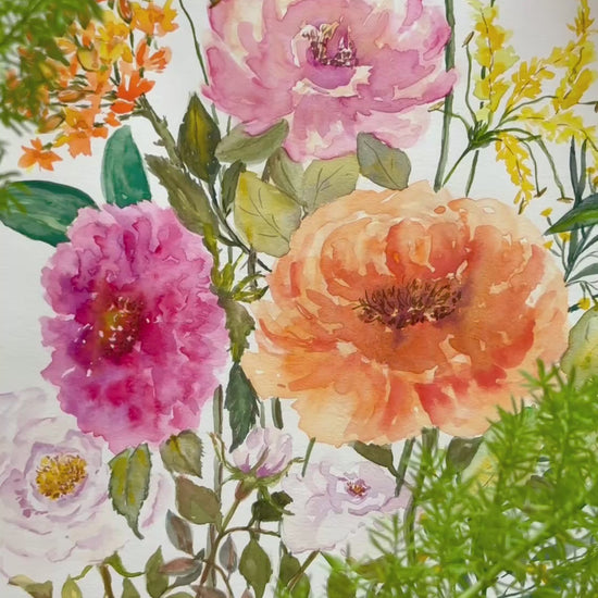 a Video of a loose expressive watercolour original illustration of a wildflower bouquet centered on two large peonies in vibrant pink and golden-orange, accented by small orange trumpet flowers, yellow goldenrod and delicate green foliage. 