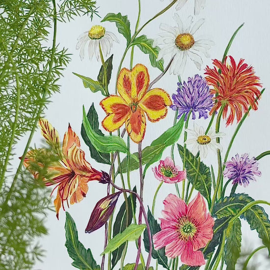 This original watercolour wildflower painting, titled “Blooming Beauty,” showcases a dense hand-picked bouquet in vibrant pink, orange, yellow, red, white, and purple tones on a clean white background. 