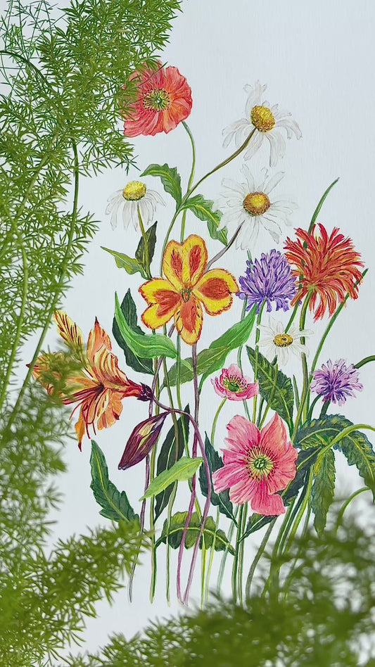 This original watercolour wildflower painting, titled “Blooming Beauty,” showcases a dense hand-picked bouquet in vibrant pink, orange, yellow, red, white, and purple tones on a clean white background. 
