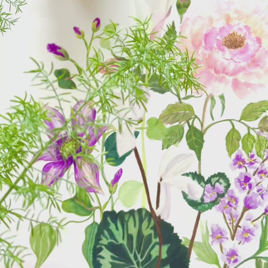 video of an expressive original botanical watercolour painting capturing the intricate details of a mixed floral arrangement, featuring soft pink peony petals, a striking purple clematis, and a graceful white calla lily, accented by slender purple flowers stalks and lush green foliage.