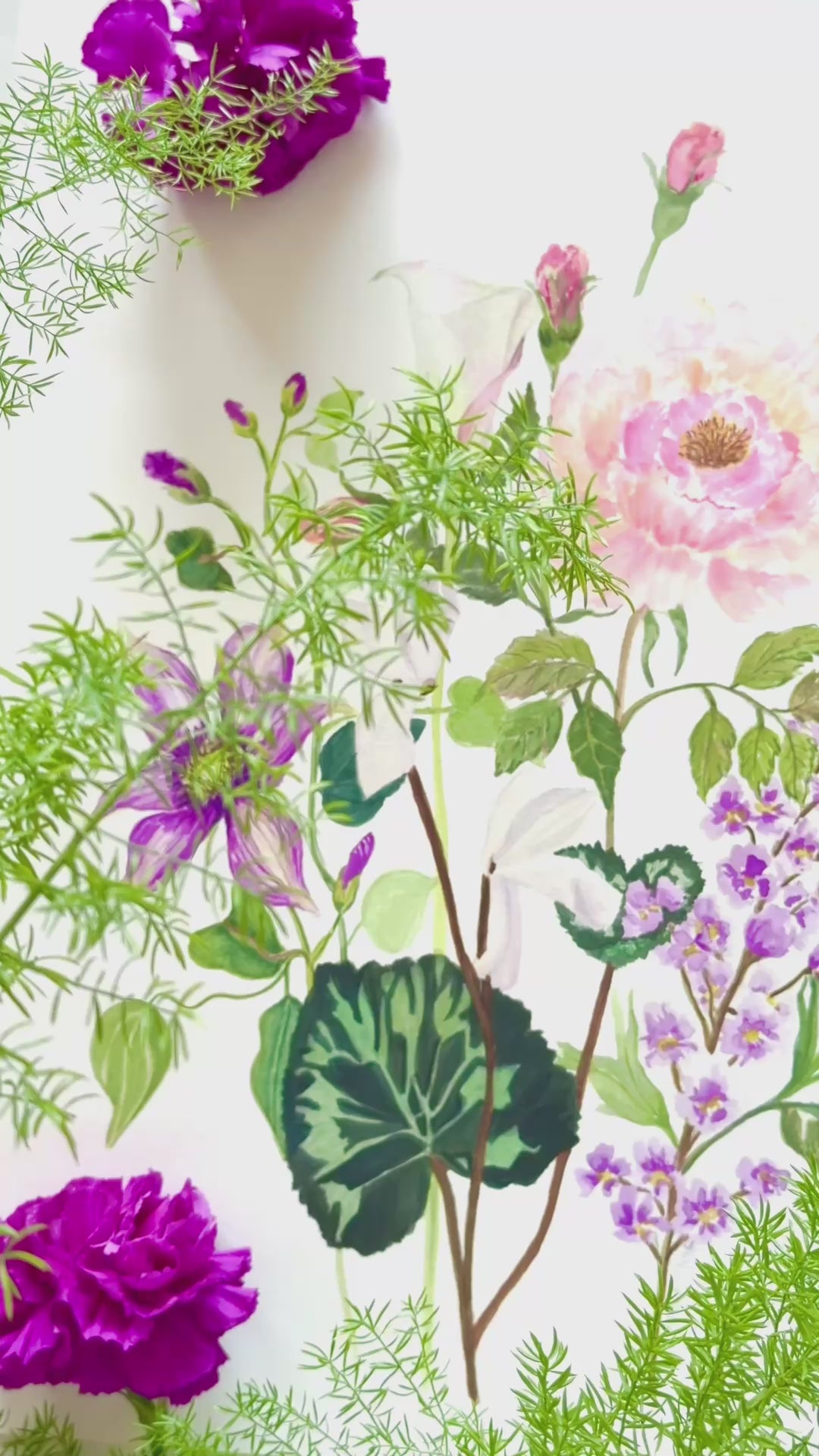 video of an expressive original botanical watercolour painting capturing the intricate details of a mixed floral arrangement, featuring soft pink peony petals, a striking purple clematis, and a graceful white calla lily, accented by slender purple flowers stalks and lush green foliage.