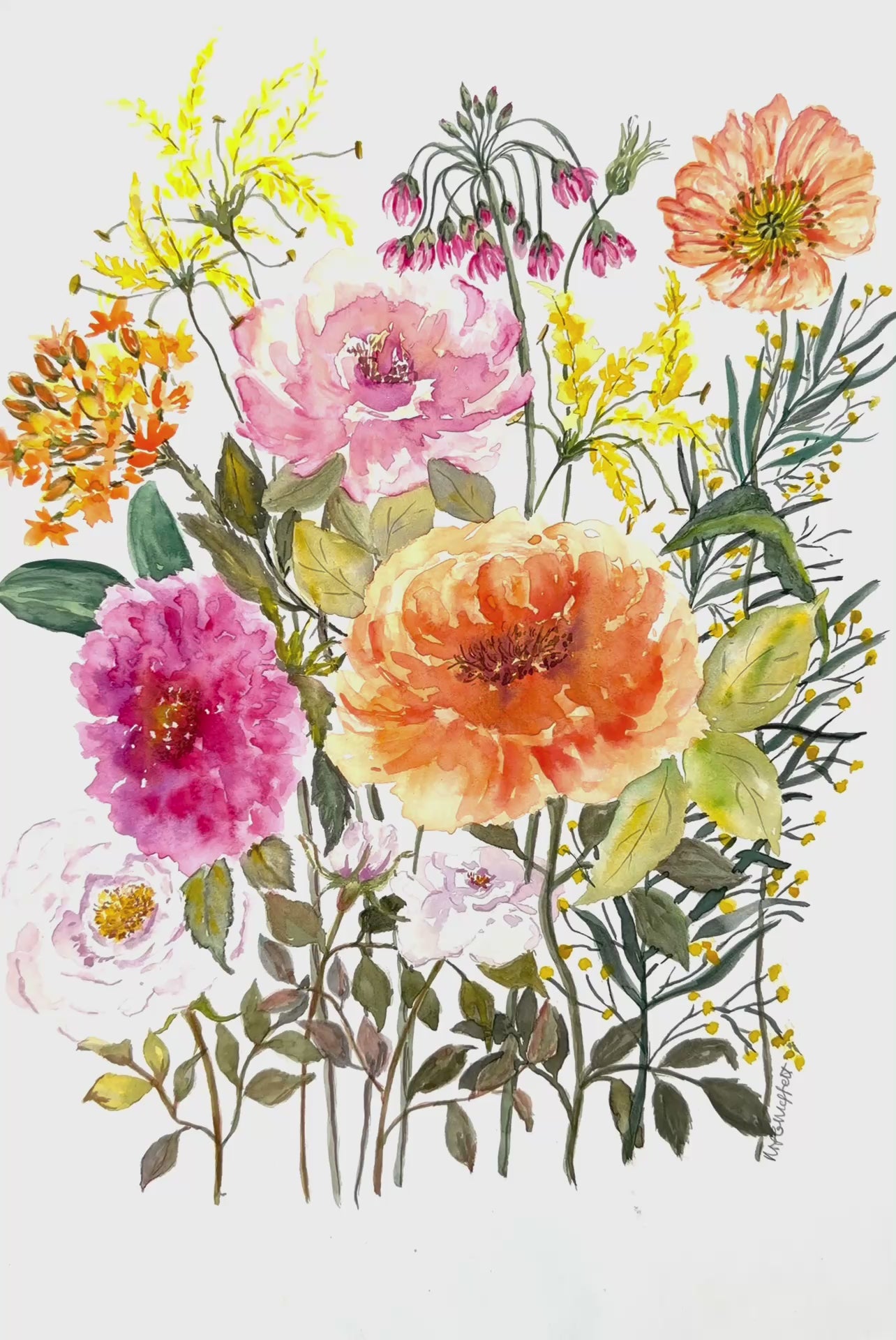 Video -Colourful  original watercolour flower painting with pink, orange, and yellow flowers on a white background.