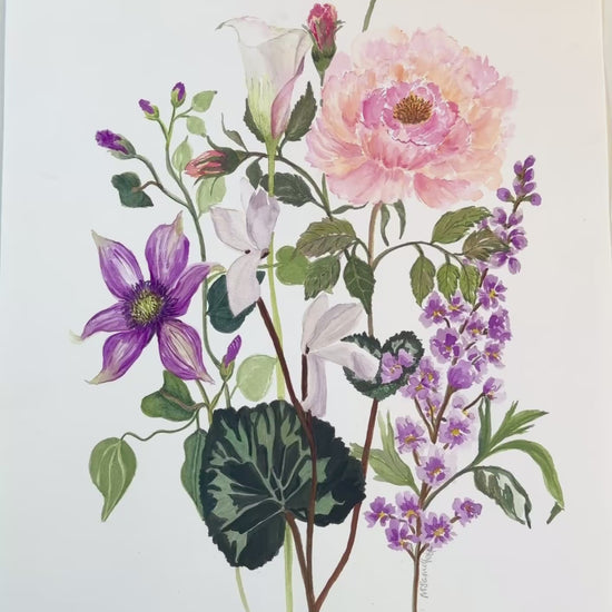 Original watercolour of various flowers including pink roses, purple clematis, and green leaves on a white background.