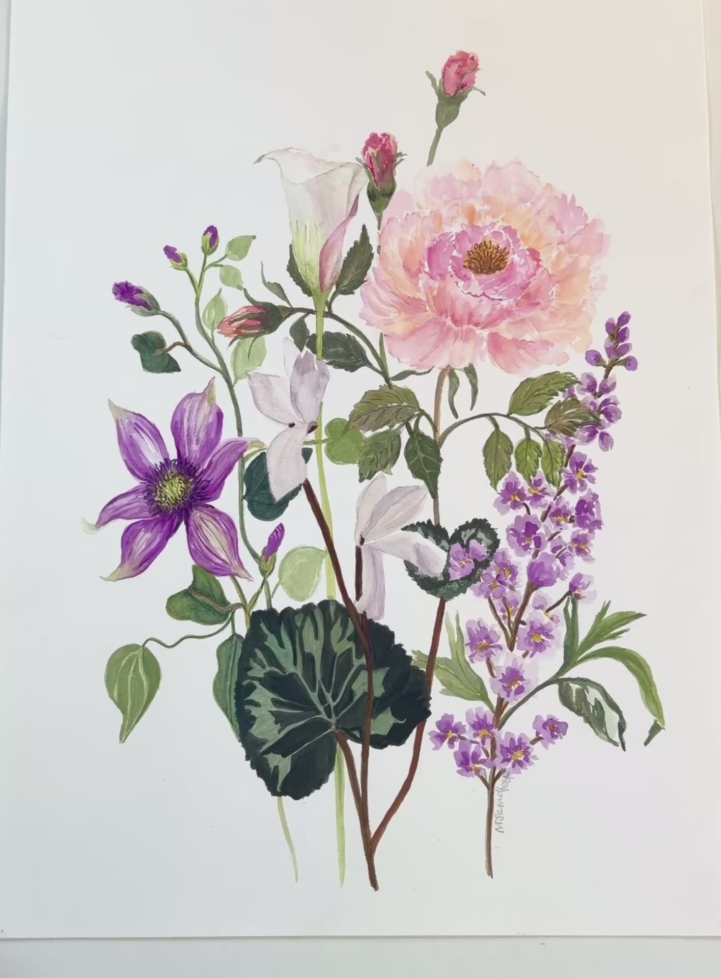 Original watercolour of various flowers including pink roses, purple clematis, and green leaves on a white background.