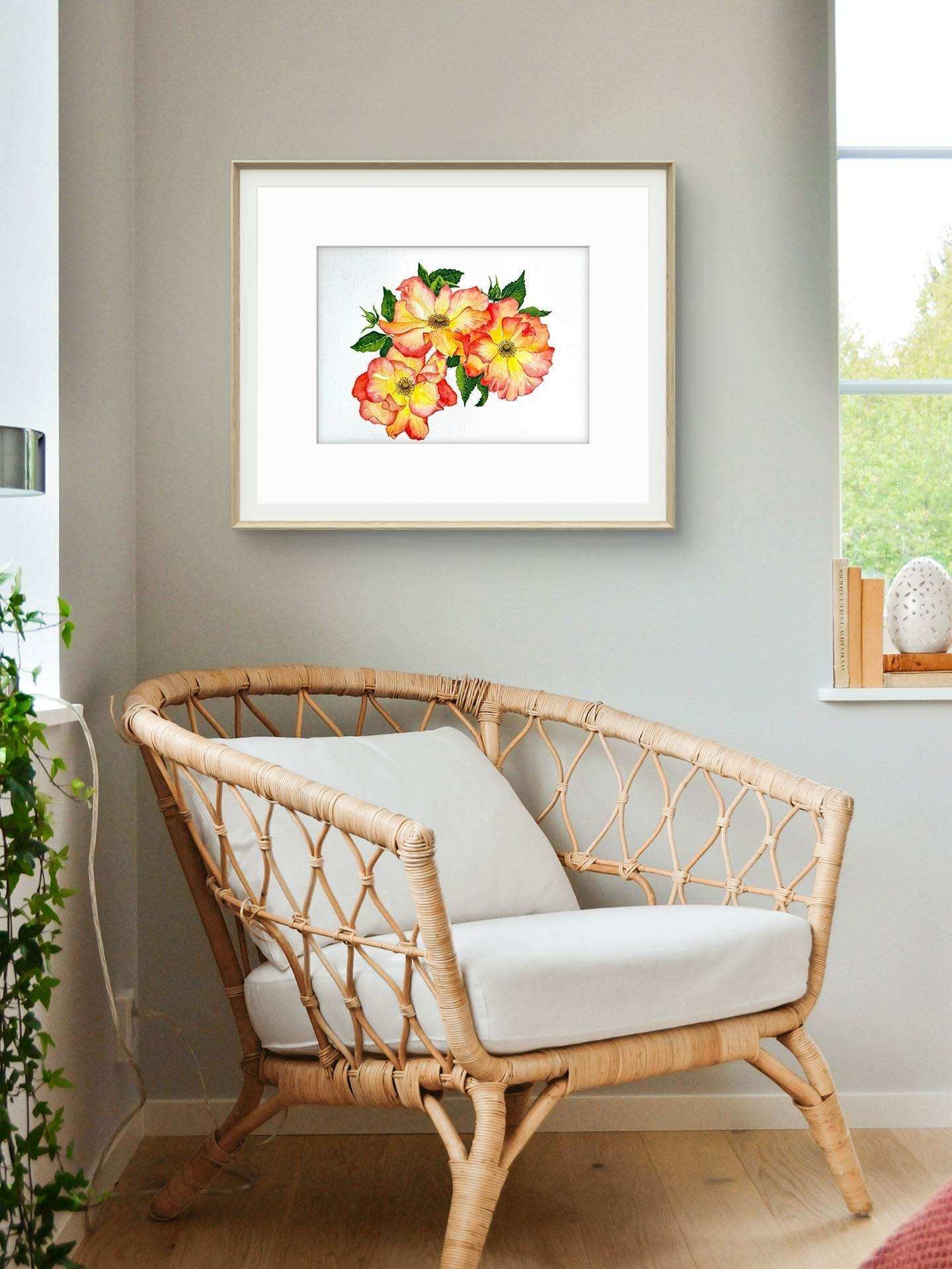 Bright watercolour rose painting with sunburst red, yellow, and orange flowers on green leaves, 8x10 inches, hand-signed artwork