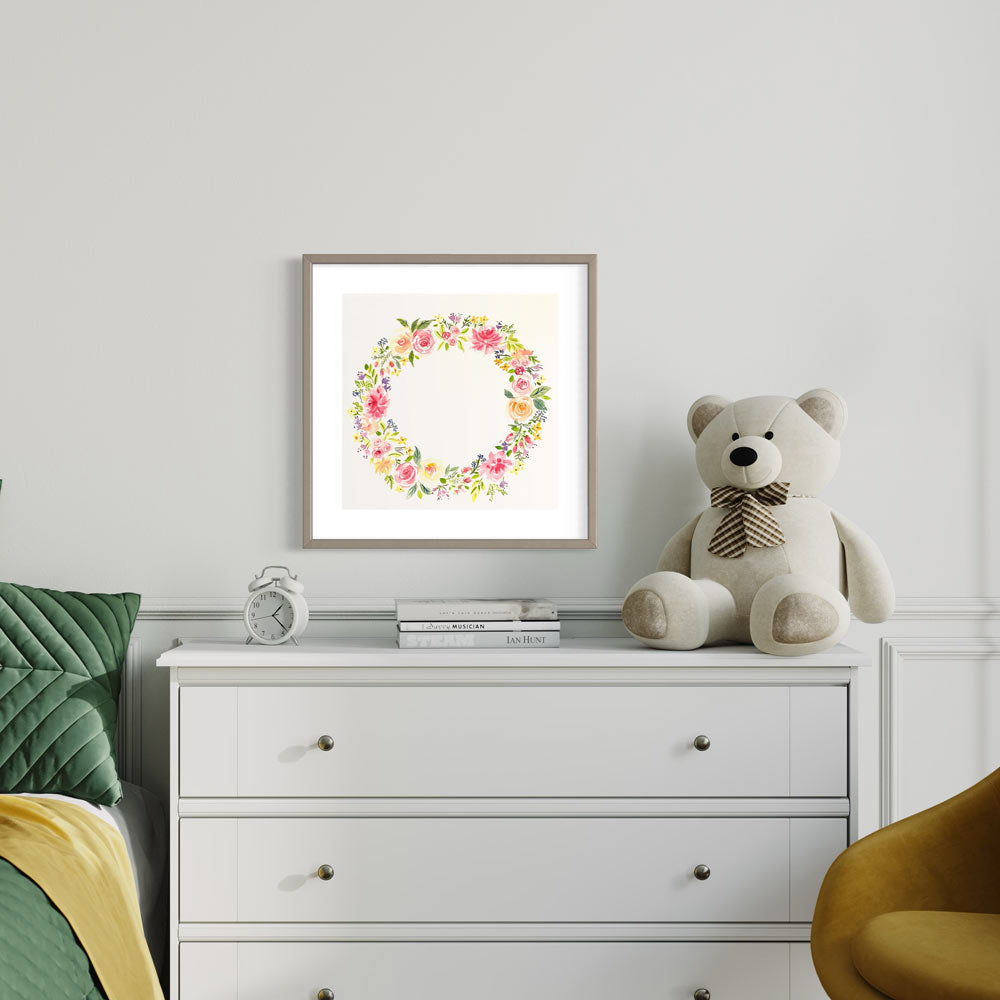 An original wreath flower painting featuring pink, purple blue and orange flowers &nbsp;painted in a circle.