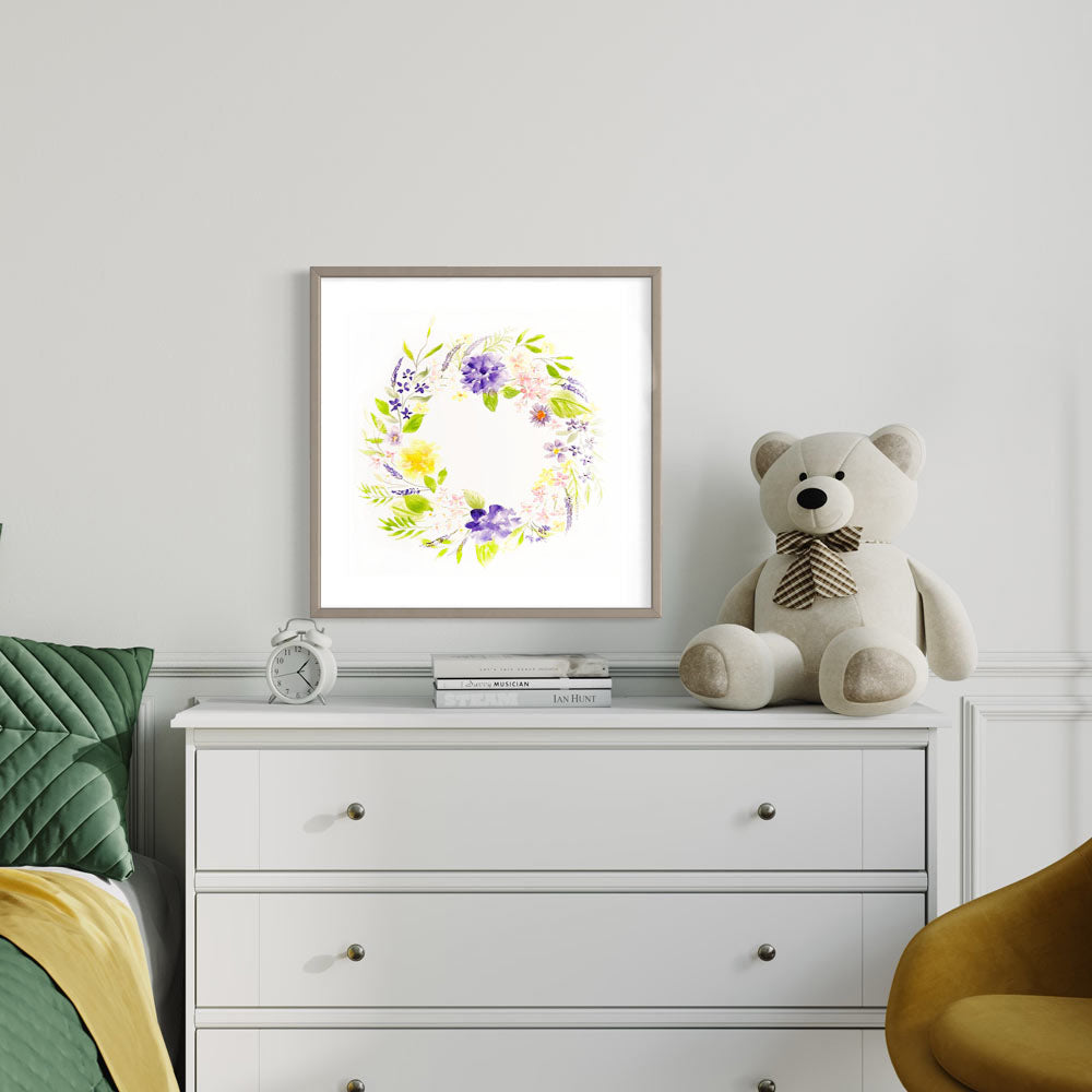 A very pretty floral original watercolour flower wreath, &nbsp;perfect for a little girl's nursery decor. &nbsp;Soft yellow, pink and purple flowers painted in a circle.