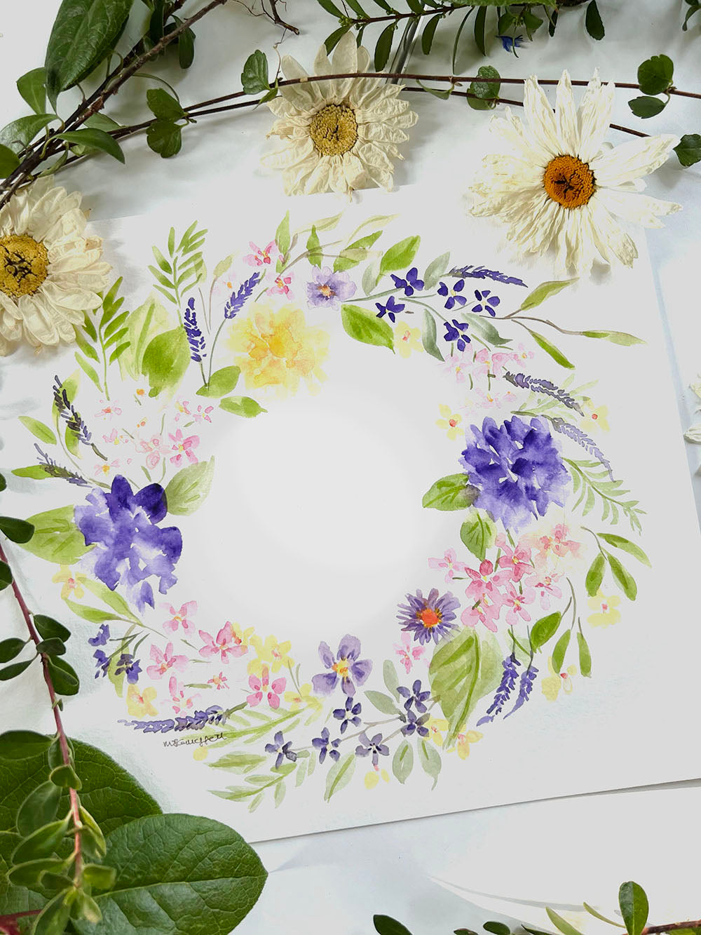 A very pretty floral original watercolour flower wreath, &nbsp;perfect for a little girl's nursery decor. &nbsp;Soft yellow, pink and purple flowers painted in a circle.